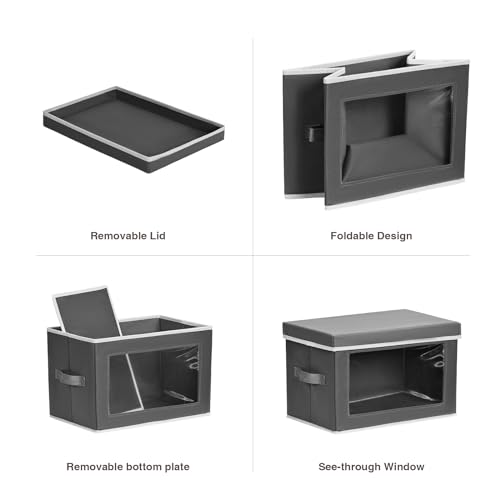 Homsorout Fabric Storage Boxes with Lids - 3 Pack Wardrobe Storage Organiser Bins with Transparent Window, Foldable Cube Storage Baskets for Toy, Clothes, Shoe, Books, Dark Grey