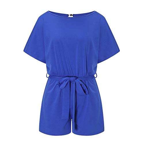 Sunyastor Womens Short Sleeve One Piece Jumpsuit Cocktail Romper Pant Suit Clubwear Straight Leg Jumpsuit with Belt (B Blue, Large)