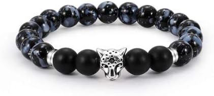 TryMarket(TM) Leopard Head Style Excellent Jewelry Black Matte Agate Energy Stone Bracelet HI