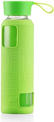 ONE IS All GYBL017 420ML Glass Water Bottle with Silicone Sleev, Glass sport Water Bottle with Silicone Handle ,290G, Green