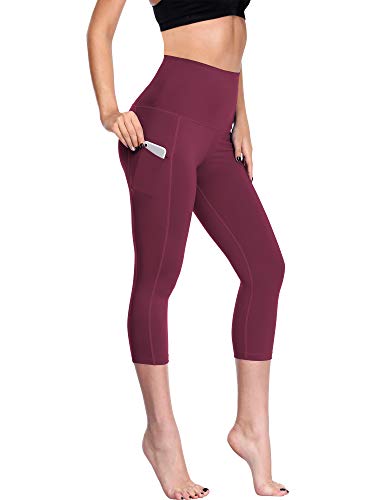 NELEUS Women's Yoga Capris Running Tummy Control High Waist Workout Leggings with Pockets,3 Pack,109,Red,Wine Red,Rose Red,XL