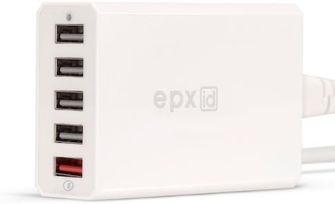 EPXID Quick Charge 2.0 40W Multi-Port USB Desktop Charging Station Dock with Smart IC Technology, 1 Port QC2.0 + 4 Port with Smart IC Technology, 5 Port Desktop Charger for SmartPhones (White)