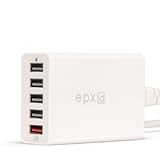 EPXID Quick Charge 2.0 40W Multi-Port USB Desktop Charging Station Dock with Smart IC Technology, 1 Port QC2.0 + 4 Port with Smart IC Technology, 5 Port Desktop Charger for SmartPhones (White)