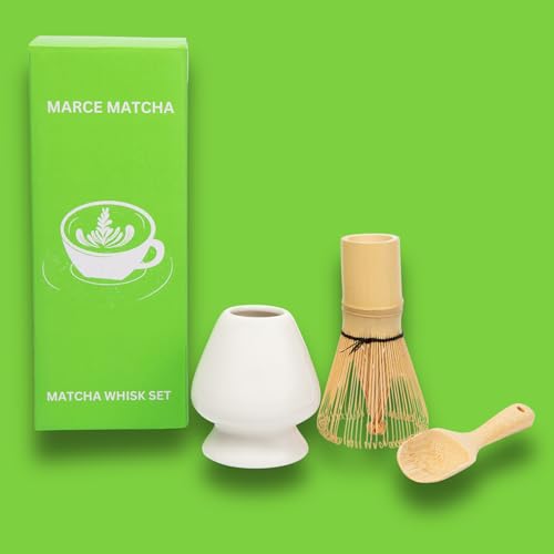 Marce Matcha Whisk Set- Matcha Set includes Matcha Whisk and Bowl (Matcha Bowl), Sifter, Holder and Scoop- The Perfect Bamboo Whisk for Matcha Tea (White) (White 3PC)