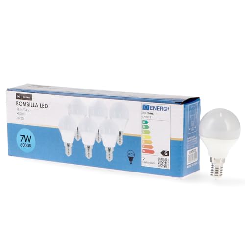 M Ledme - Confezione da 6 lampadine LED E14 G45 7W, luce fredda (6000k), attacco E14, 630 lumen, IP20, apertura fascio luminoso 200°, efficienza energetica e basso consumo. Modello LM7608