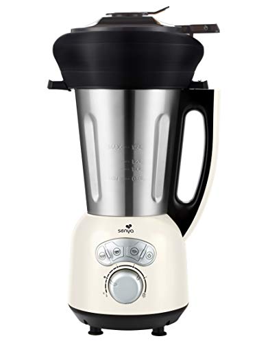 Senya Blender Chauffant Inox Cook & Ice V3 Crème, Mixeur Soupe Veloutée/Moulinée, Cuisson Vapeur, Glace Pilée Smoothies, 1,5L, 1400W, Et Son Panier Vapeur En Silicone Piable De 2L Sycp-Hb008Ca