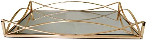Maison Des Cadeaux New Decorative Gold Metal Rectangular Serving/Dressing Table Tray with Mirror Glass Base