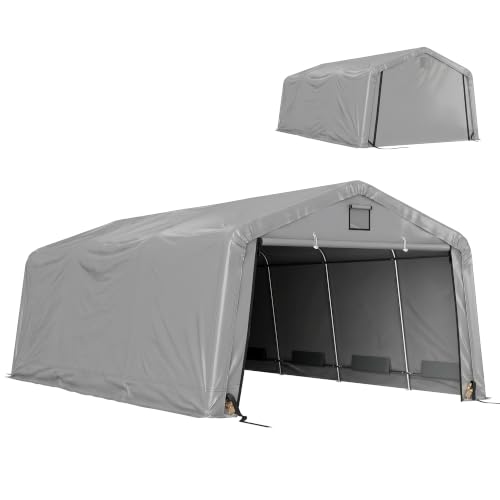 Outsunny 12 x 20 ft Heavy Duty Carport, Outdoor Portable Garage Canopy Tent with 2 Ventilation Windows, Large Door, Car Shed Shelter for Truck, Boat, Motorcycle, Bike, Light Grey