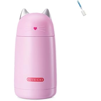 Cute Cat Coffee Mug Cartoon Water Bottle 330ML Coffee Thermoses Flask Outdoors Hot Milk Water Vacuum Cup Drinking Bottle with Collapsible Handle and Brush Good for Kid Women (Black) (Pink)