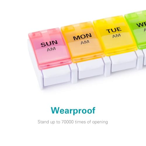 Sukuos AM PM Weekly Pill Organizer 2 Times A Day, Large Daily Pill Box Case 7 Day with Easy Push Button Design, Detachable Medicine Holder for Vitamin/Fish Oil/Supplements (Rainbow)