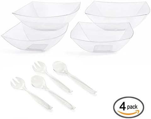 Set Of Four Square Plastic Serving Bowls With Spoons – Two Large (64 oz) and Two Medium (32 oz) Bowls – Perfect For Your Party or Event – and Durable Hard Plastic (CLEAR)