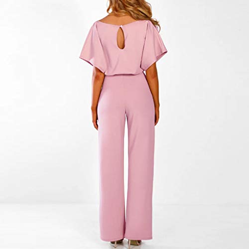 Sunyastor Womens Short Sleeve One Piece Jumpsuit Cocktail Romper Pant Suit Clubwear Straight Leg Jumpsuit with Belt Pink