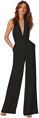 Sugarwewe Woman’s Sexy Deep V Neck Long Wide Leg Jumpsuit Dress Romper Black XL