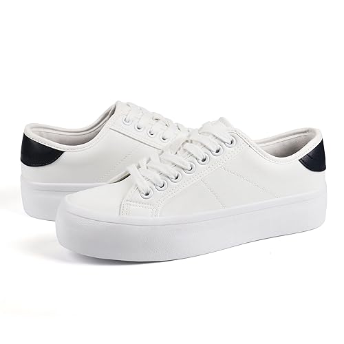 JABASIC PLATFORM SNEAKERS FOR WOMEN FASHION TENNIS SHOES LACE-UP CASUAL WALKING SNEAKER (9.5,WHITE/NAVY)