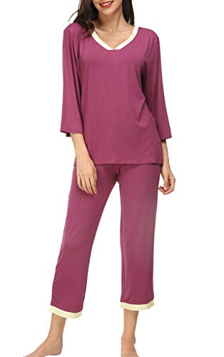 Invug Women 3/4 Long Sleeve Shirt Pants Set Sleepwear V Neck Long Pajamas Loungewear Dark Rose S - Thumbnail 5