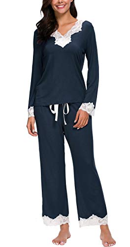 Jusfitsu Womens Cotton Pajamas Set Long Sleeve Top Shirt with Pants Sleepwear Modal Soft Loungewear Lace Navy Blue M