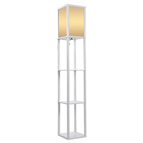 Wooden Frame LED Shelf Floor Lamp, Oak Wooden Fabric Floor Lamp with