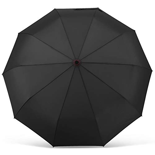 Wsky Windproof Umbrella for Travel, New Updated Comfortable Square Handle, 10 Reinforced Fiberglass Ribs with Teflon Canopy, Auto Open & Close-Black