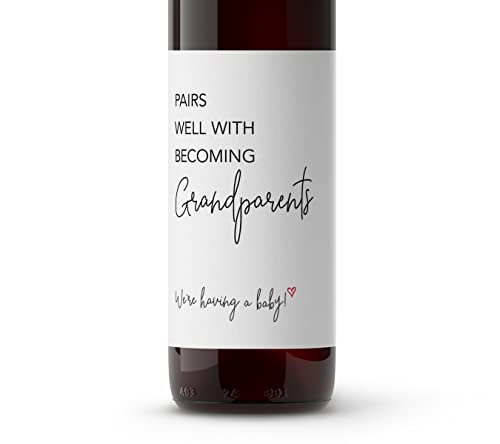 Pairs Well With Becoming Grandparents Wine Labels ● SET of 4 ● GENDER NEUTRAL Pregnancy Announcement Wine Labels, Baby Announcement Label, Pregnancy Reveal, Alternative to Card (Minimalist Plain)