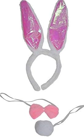 DaMaro Bunny Hasen Damenkostüm-Set Hase Weiß pink 3-teilig schwarz Einheitsgröße mit Ohren Schwänzchen und Fliege