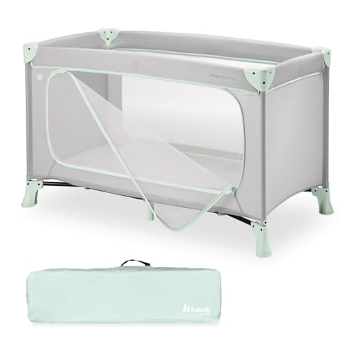 hauck Dream N Play Plus, Dusty Mint – Cama de viaje infantil con bolsa de transporte – Gran deslizamiento para jugar – Pequeña plegable – Cuna de viaje para bebés desde el nacimiento hasta 15 kg