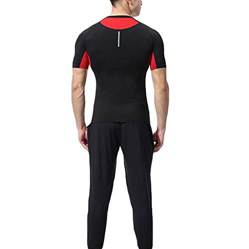 iYBUIA Men's Sports Elastic Fitness T-Shirt Suit Fast Drying Tops Long Pants Tight Suit Red