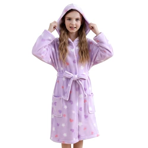 V.&GRIN Girls Fleece Hooded Robe, Kids Soft Plush Warm Printed Bathrobe Sleepwear Gifts for 5-14 Years