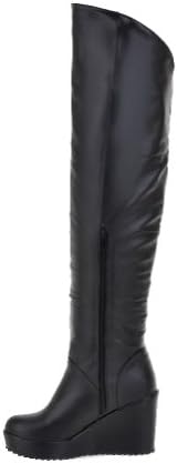 Vouge009 Women's PU Velvet Lining Solid Wedge High Leg Boots with Anti-skidding Bottom,Black,39