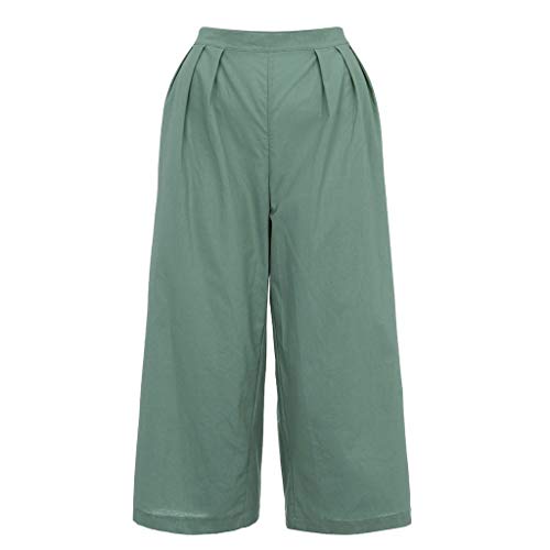 Pongfunsy Women Linen Pants, Ladies Fashion Solid Color Pants Basic Fold Cotton and Loose Calf-Length Vintage Trousers Green