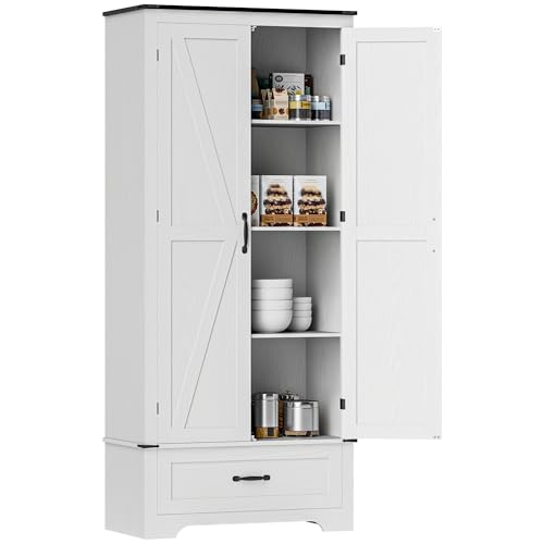 HOMCOM 72" Farmhouse Pantry Cabinet with Barn Doors, Tall Buffet Storage Cabinet with Adjustable Shelves, Freestanding Kitchen Pantry with Drawer, White Wood Grain