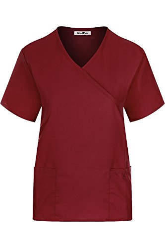 MedPro Women's Solid Medical Scrub Set Mock Wrap Top and Cargo Pants Wine L