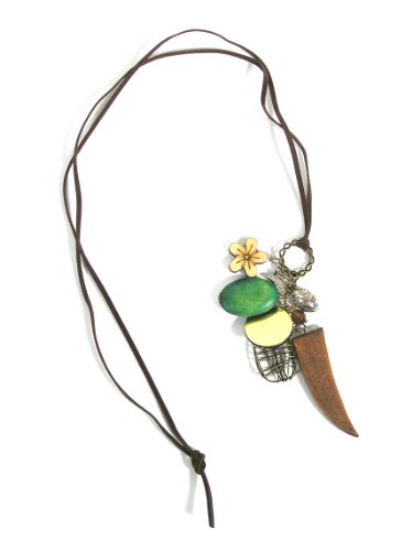 Magic Metal Wood Horn Necklace Brown Faux Leather Boho NC46 Hippie