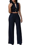 HOTAPEI Women Button Belted Sleeveless Wide Leg Jumpsuit X-Large Black1