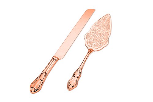 Strova Rose Gold Wedding Cake Knife and Server Set | Vintage Bride and Groom Utensils | Elegant, Memorable Keepsakes | Engravable Plating | Party, Anniversary or Receptions (Rose Gold Plated)
