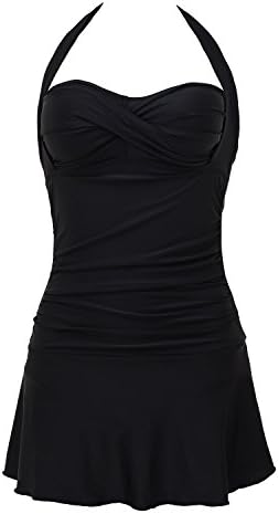 Lorasea Women Halter Bandeau One Piece Swimsuit Ruched Skirted Swimdress Bathing Suits(Black,XXL)