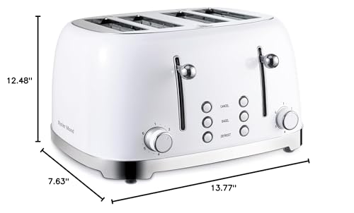 Roter Mond Tostadora Retro de 4 Rebanadas de Acero Inoxidable con Función de Cancelación de Descongelación de Bagel, 6 Configuraciones de Dorado, Ranura Extra Ancha y Bandeja Recogedor de Migas Extraíble, Blanco, ST033