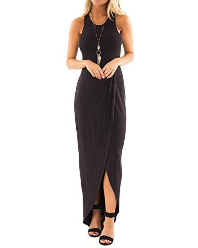 Bigyonger Womens Slit Tank Crew Neck Slim Fall Long Solid Cocktail Party Maxi Dresses