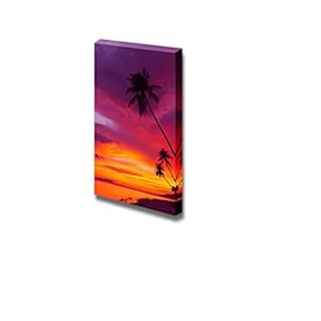 Canvas Prints Wall Art - Sunset Over The Ocean with Tropical Palm Trees Silhouette Vertical Panorama - 12" x 18"
