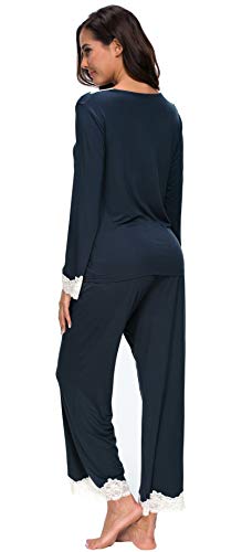 Jusfitsu Womens Cotton Pajamas Set Long Sleeve Top Shirt with Pants Sleepwear Modal Soft Loungewear Lace Navy Blue M