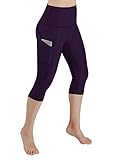 ODODOS High Waist Out Pocket Yoga Capris Pants Tummy Control Workout Running 4 way Stretch Yoga Capris Leggings,DeepPurple,Large