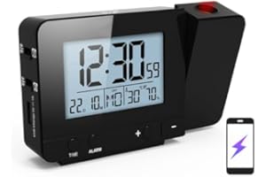 Sonew Projection Alarm Clock, Dimmable LED Digital Clock with 180° Rotatable Projector, Temperature and Humidity, Dual Alarms
