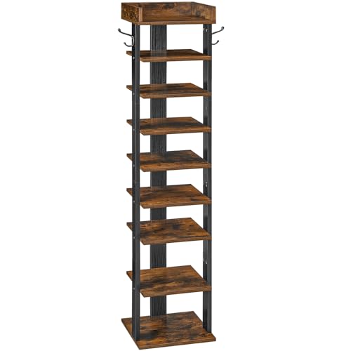 Scarpiera, Scaffale Portascarpe a 9 Ripiani, con Bordi Rialzati e 2 Ganci, Scaffale Portaoggetti, per Ingresso, Soggiorno, Camere da Letto, Marrone Vintage e Nero EBF81XJ01G2
