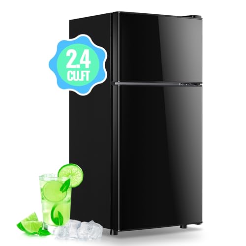DEMULLER 2.4 Cu.Ft Mini Fridge with Freezer & Double Door Small Tiny Size Refrigerator with 7 Temperature Control Knob Only Suitable for One Person Use Black