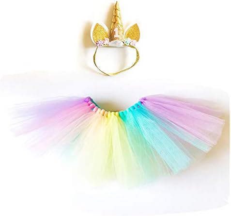 Baby Girls 1st Birthday Outfit Dress Skirt Rainbow Tutu Skirts with Unicorn Horn Headband Cake Smash