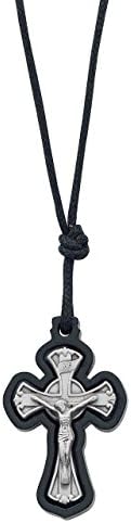 First Communion, Pewter crucifix surrounded by a black Wood frame on an adjustable nylon cord, carded.