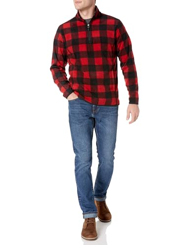 AMAZON ESSENTIALS MEN’S QUARTER-ZIP POLAR FLEECE JACKET – DISCONTINUED COLORS, BLACK RED BUFFALO CHECK, X-SMALL