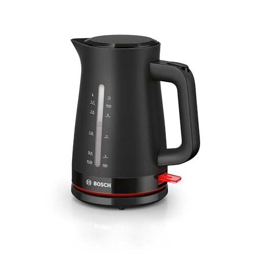 Bosch Bollitore Elettrico TWK3M123, Capacità 1.7 L, Spegnimento Automatico, Riscaldamento Rapido, Filtro Anticalcare Removibile, Indicatore Livello dell'Acqua Esterno, Facile da Pulire, Nero