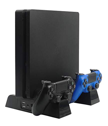 Vertical Stand for PS4/PS4 Slim/PS4 Pro with Cooling Fan, Controller Dual Charger Charging Station with LED Indicator for Playstation 4/Slim/Pro Console, 13 PCS Game Storage, 2 HUB Port
