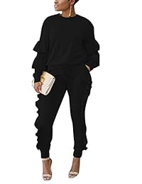 KANSOON Women 2 Pieces Outfits Puff Sleeve Top and Long Flounced Pants Sweatsuits Set Tracksuits
