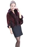 Queenshiny Women's Knitted Mink Fur Cape With Fox Collar-Wine Red-XS(0-2)